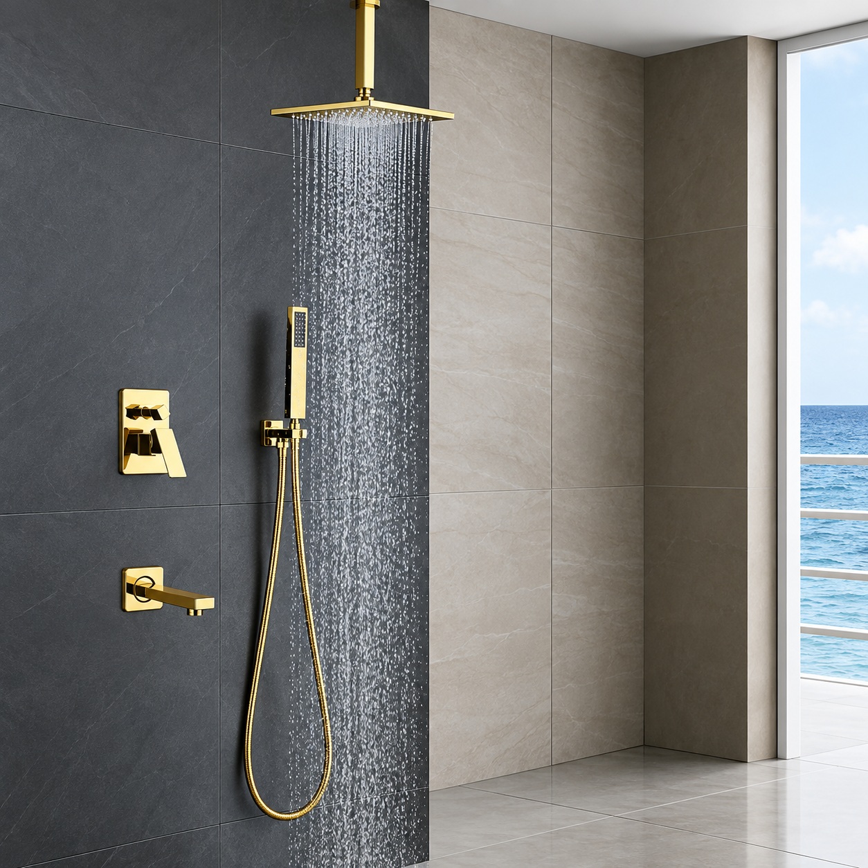 Fontana L'Aquila Brass Gold Tone Ceiling Mount 3-Way Shower Set